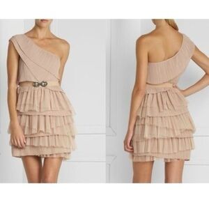 BCBG nude one shoulder mini cocktail festive holiday party dress! Beige Ruffles